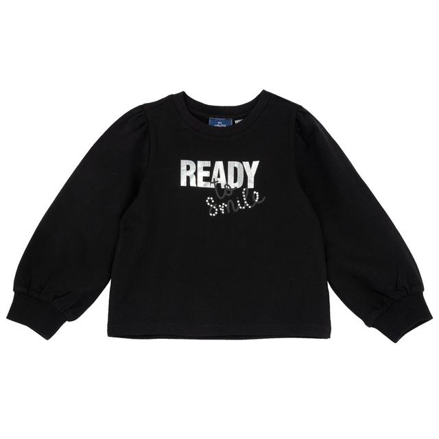 Felpa girocollo Chicco per bambina in cotone sostenibile, con stampa rigata lucida su fondo nero e dettagli in costina elasticizzata. | Chicco