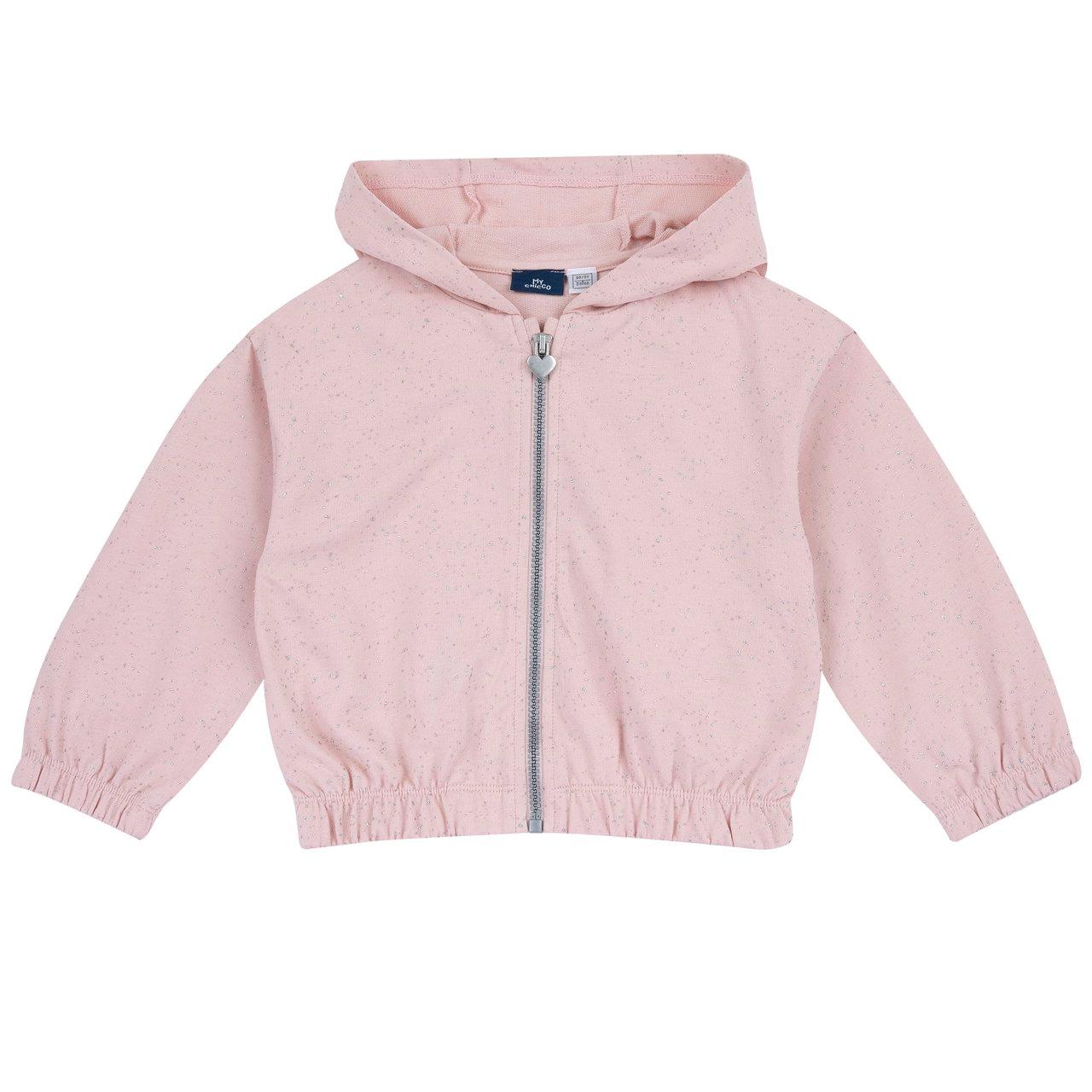Felpa zippata con cappuccio rosa per bambina Chicco, in morbida felpa di cotone eco-friendly, con stampa spray lucida e cursore a cuore. | Chicco