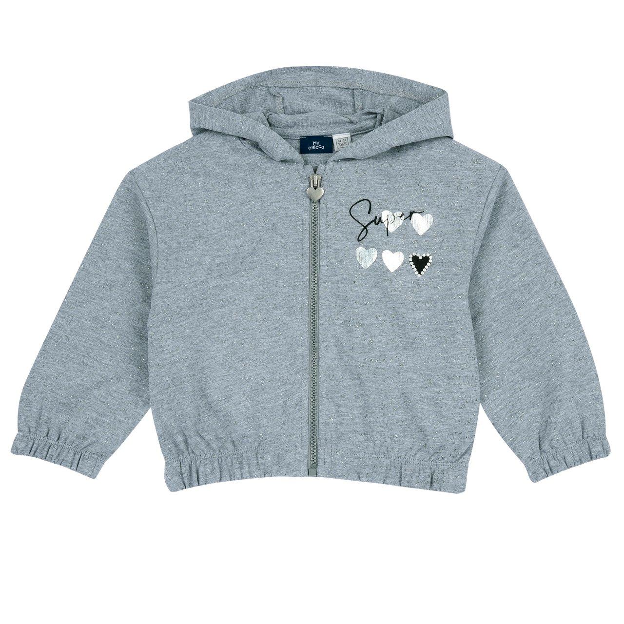 Felpa zippata con cappuccio rosa per bambina Chicco, in morbida felpa di cotone eco-friendly, con stampa spray lucida e cursore a cuore. | Chicco