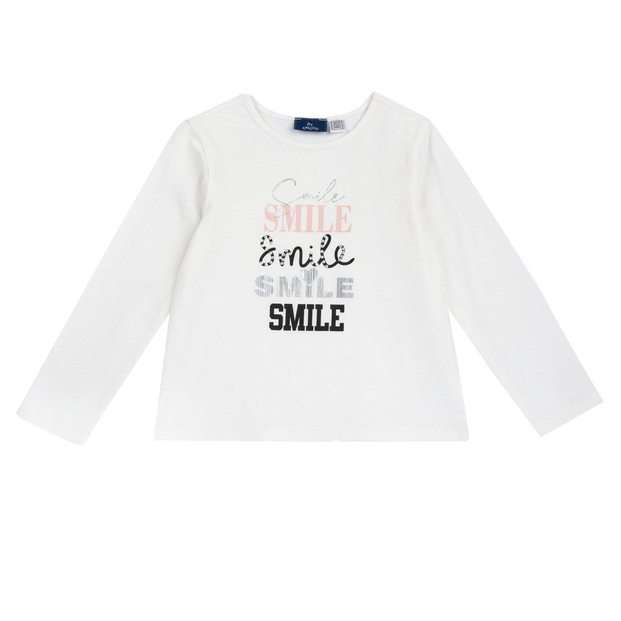 Maglietta a manica lunga bianca per bambina Chicco con grafica a righe lucide, realizzata in morbido jersey elasticizzato di cotone sostenibile. | Chicco
