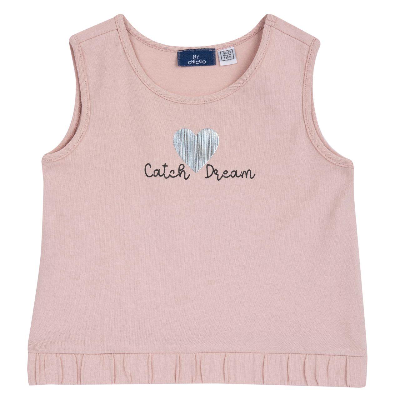 Canotta rosa in jersey elasticizzato per bambina Chicco con stampa cuoricino rigato lucido e fondo elasticizzato, in cotone sostenibile. | Chicco