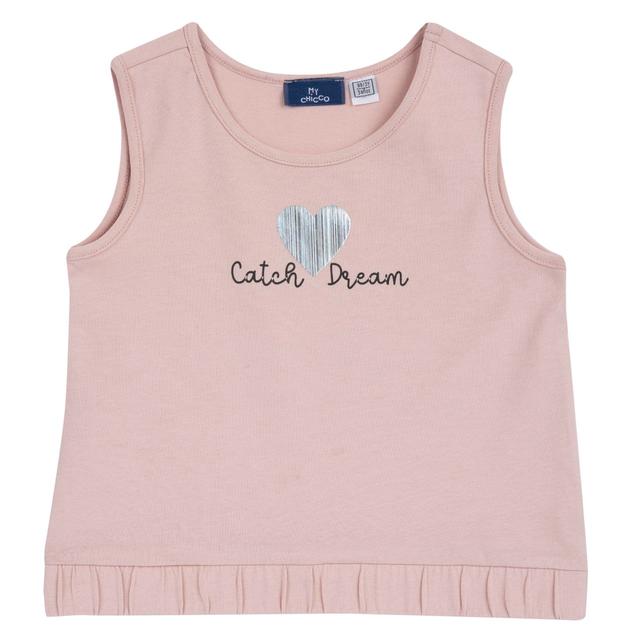 Canotta rosa in jersey elasticizzato per bambina Chicco con stampa cuoricino rigato lucido e fondo elasticizzato, in cotone sostenibile. | Chicco