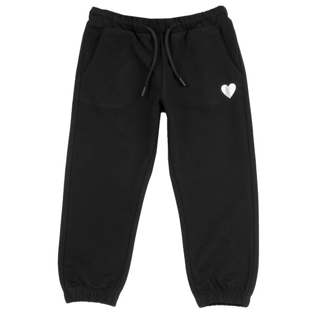 Pantaloni jogger lunghi rosa Chicco per bambina in morbida felpa di cotone sostenibile, con vita elasticizzata, cordino e cuoricino stampato rigato lucido. | Chicco