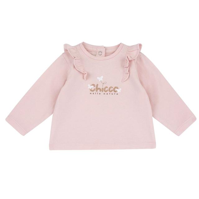 Maglietta a manica lunga rosa in morbido jersey di cotone elasticizzato per bambina, con stampa logo Chicco e volant sulle spalle, parte della collezione sostenibile. | Chicco