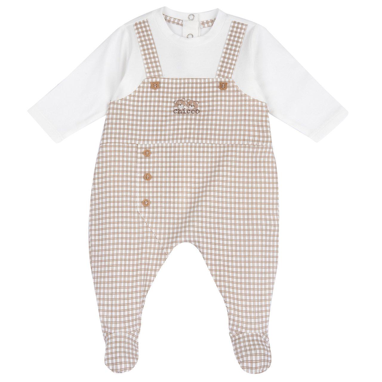Tutina girocollo beige Chicco per neonato, aperta dietro, in jersey di cotone elasticizzato con grafica ricamata e bottoni effetto legno. | Chicco