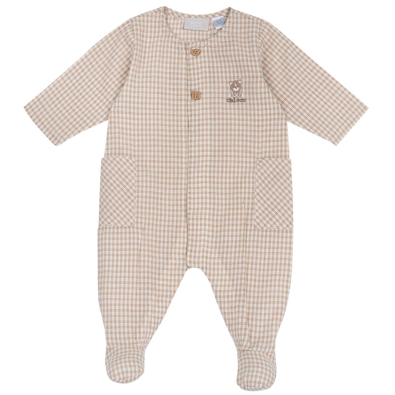 Tutina Chicco bianca in cotone 100% sostenibile con fantasia a quadretti, dettagli ricamati e bottoni effetto legno, aperta davanti. | Chicco