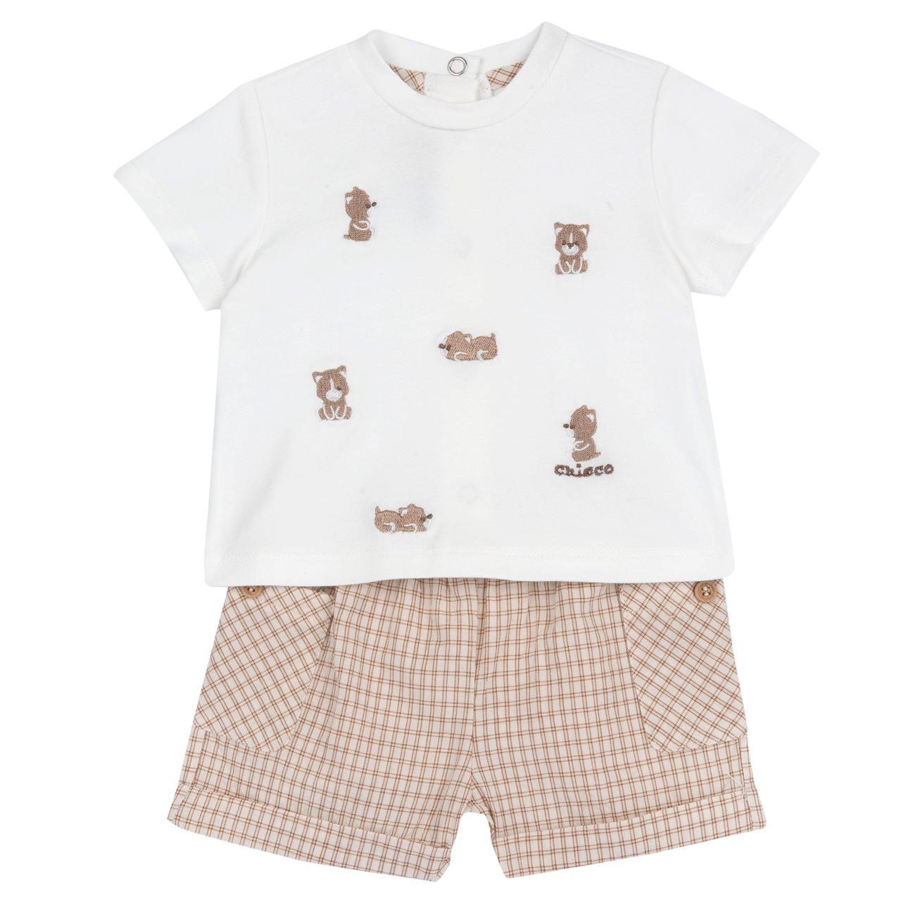Completo estivo Chicco per bambino in morbido jersey di cotone elasticizzato bianco con grafica ricamata e pantaloni a quadretti. | Chicco