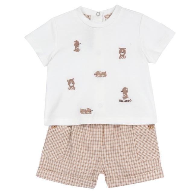 Completo estivo Chicco per bambino in morbido jersey di cotone elasticizzato bianco con grafica ricamata e pantaloni a quadretti. | Chicco