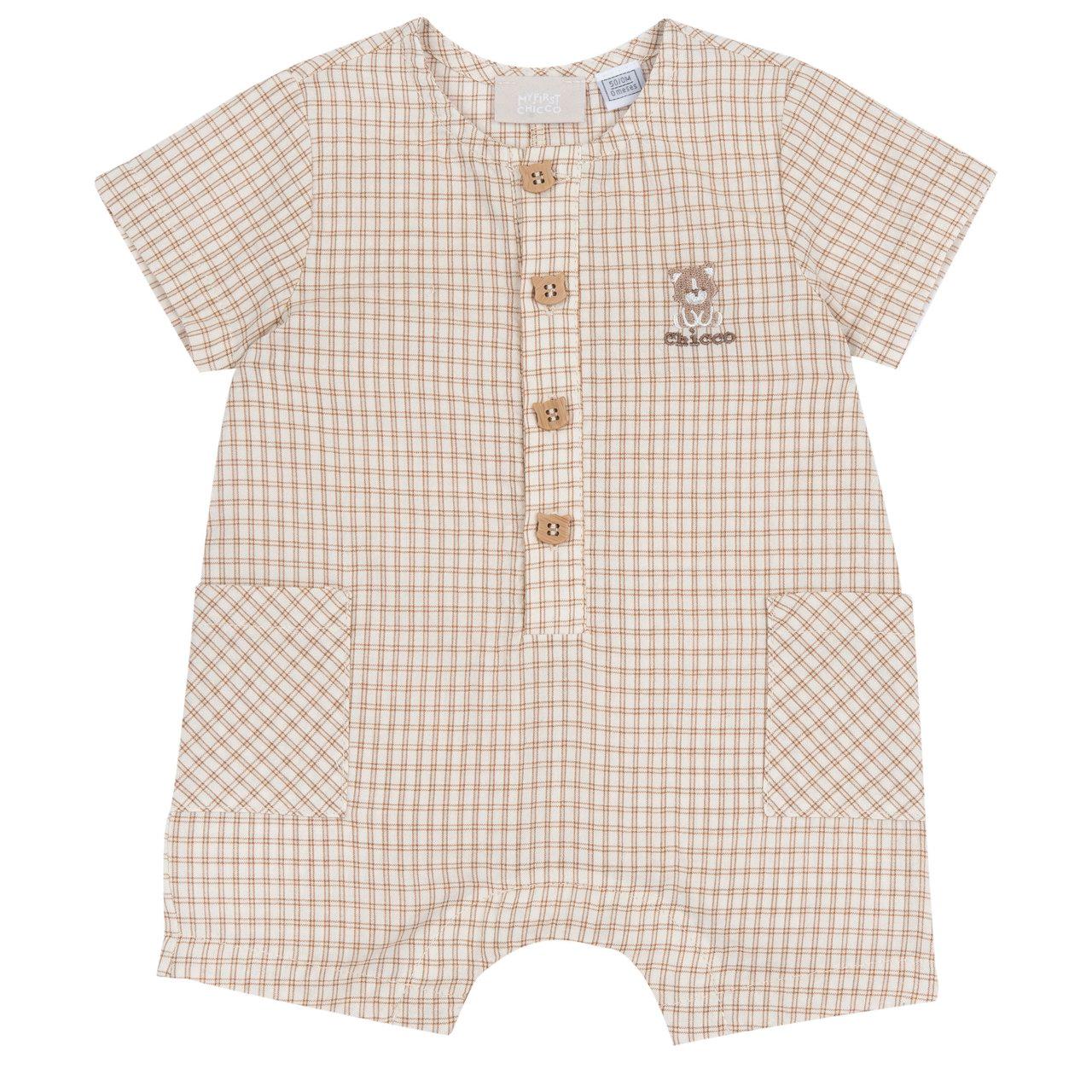 Pagliaccetto corto Chicco bianco in cotone 100% con fantasia a quadretti e dettagli ricamati, ideale per primavera/estate. | Chicco