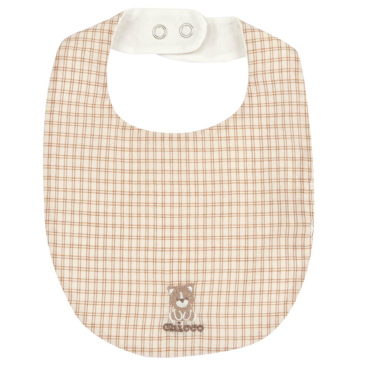 Bavaglino Chicco bianco a quadretti in tela di cotone tinto filo, con retro in jersey elasticizzato, ideale per la primavera/estate. | Chicco