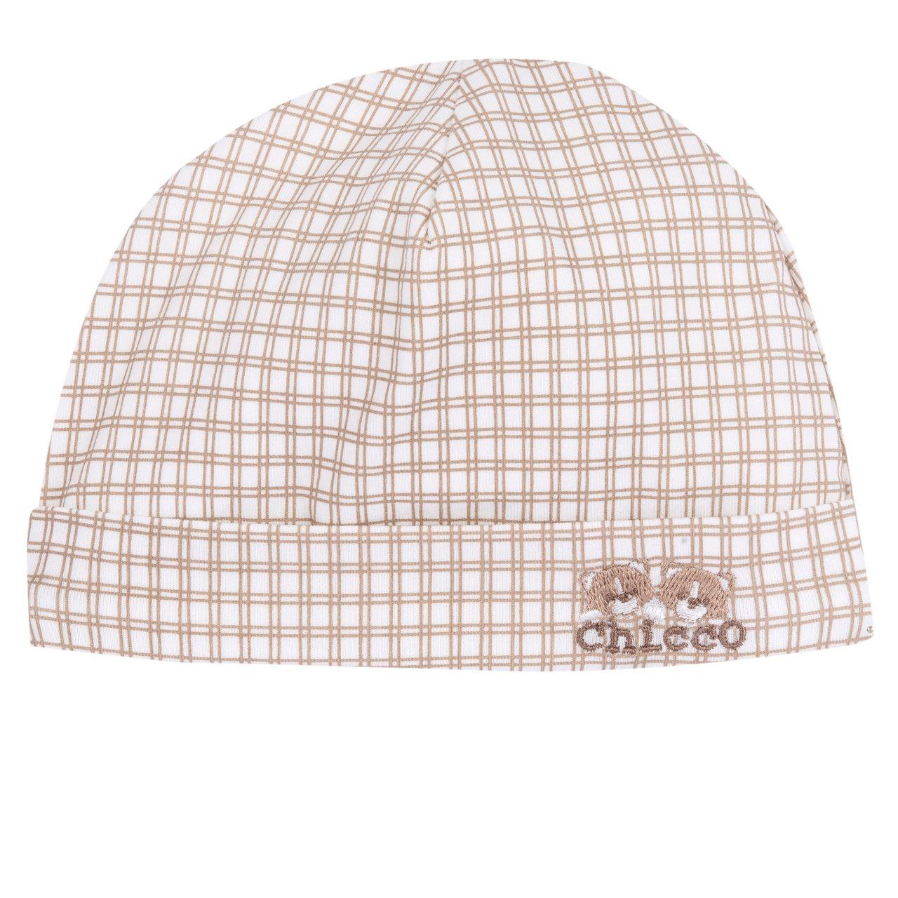 Cappello con risvolto beige in jersey di cotone elasticizzato per bambino, con stampa a quadretti e grafica ricamata, certificato Oeko-Tex. | Chicco