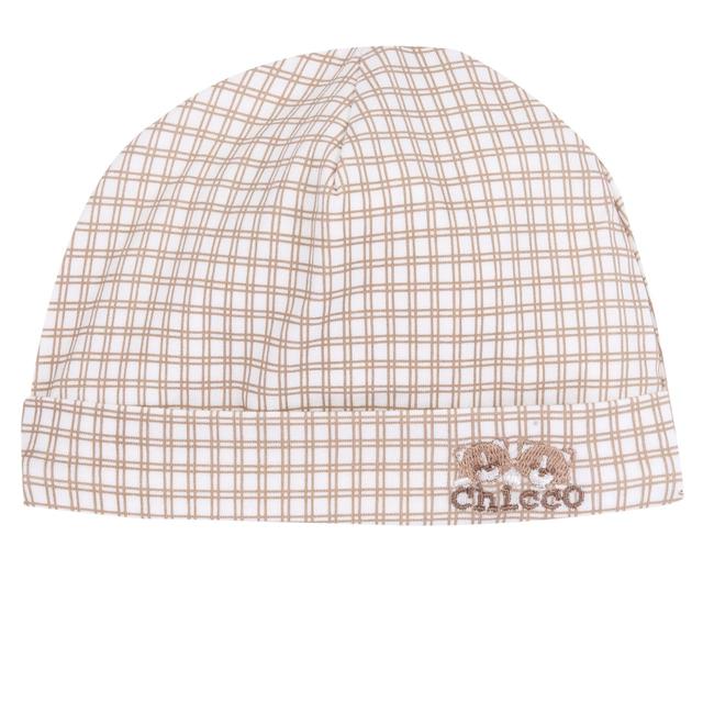Cappello con risvolto beige in jersey di cotone elasticizzato per bambino, con stampa a quadretti e grafica ricamata, certificato Oeko-Tex. | Chicco