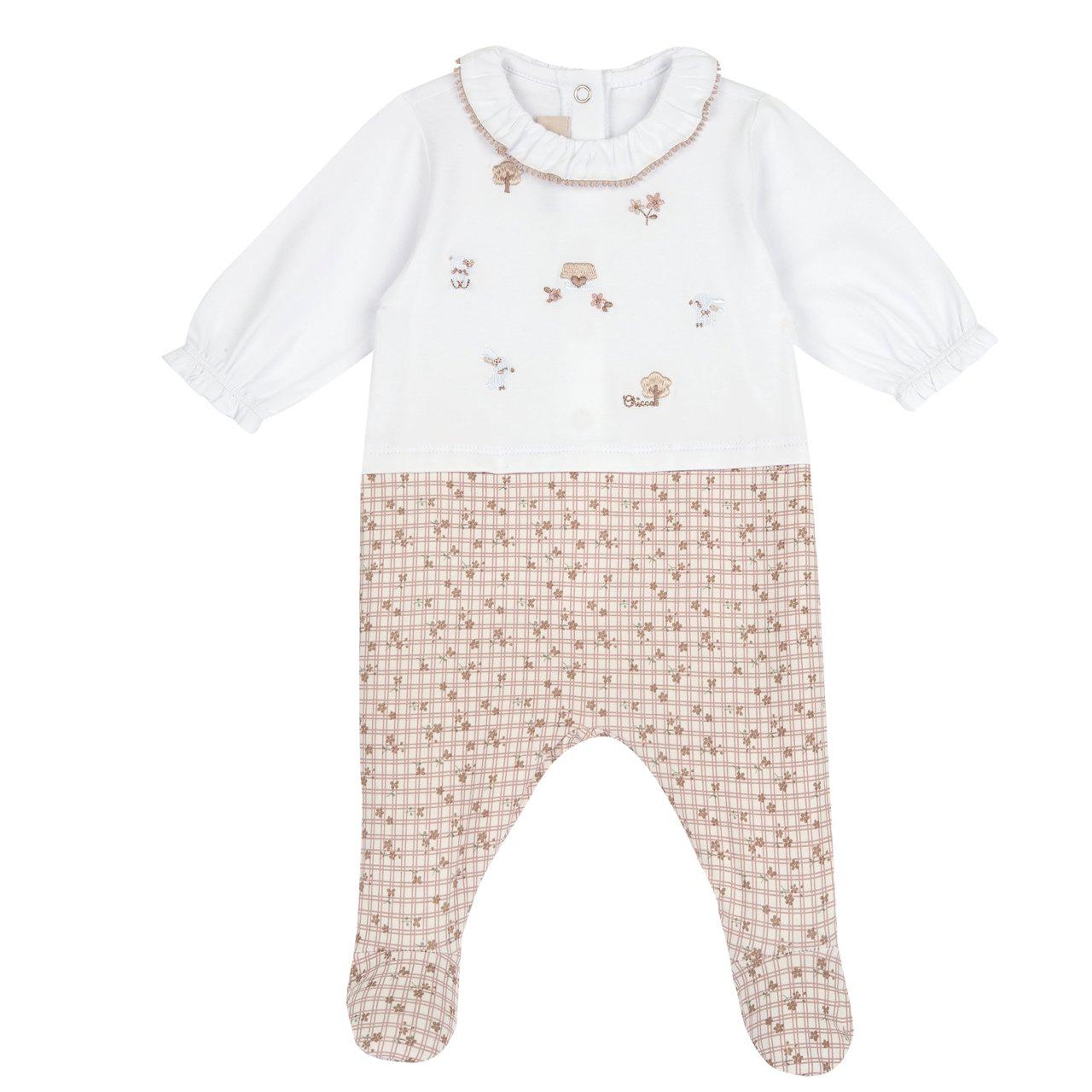 Tutina aperta dietro beige in jersey di cotone elasticizzato per bambina Chicco, con grafica ricamata e piedini antiscivolo. | Chicco