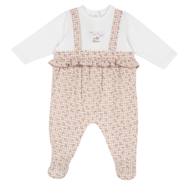 Tutina aperta interno gamba Chicco beige in morbido jersey di cotone elasticizzato per bambina, con grafica ricamata e stampa fantasia, ideale per primavera/estate. | Chicco