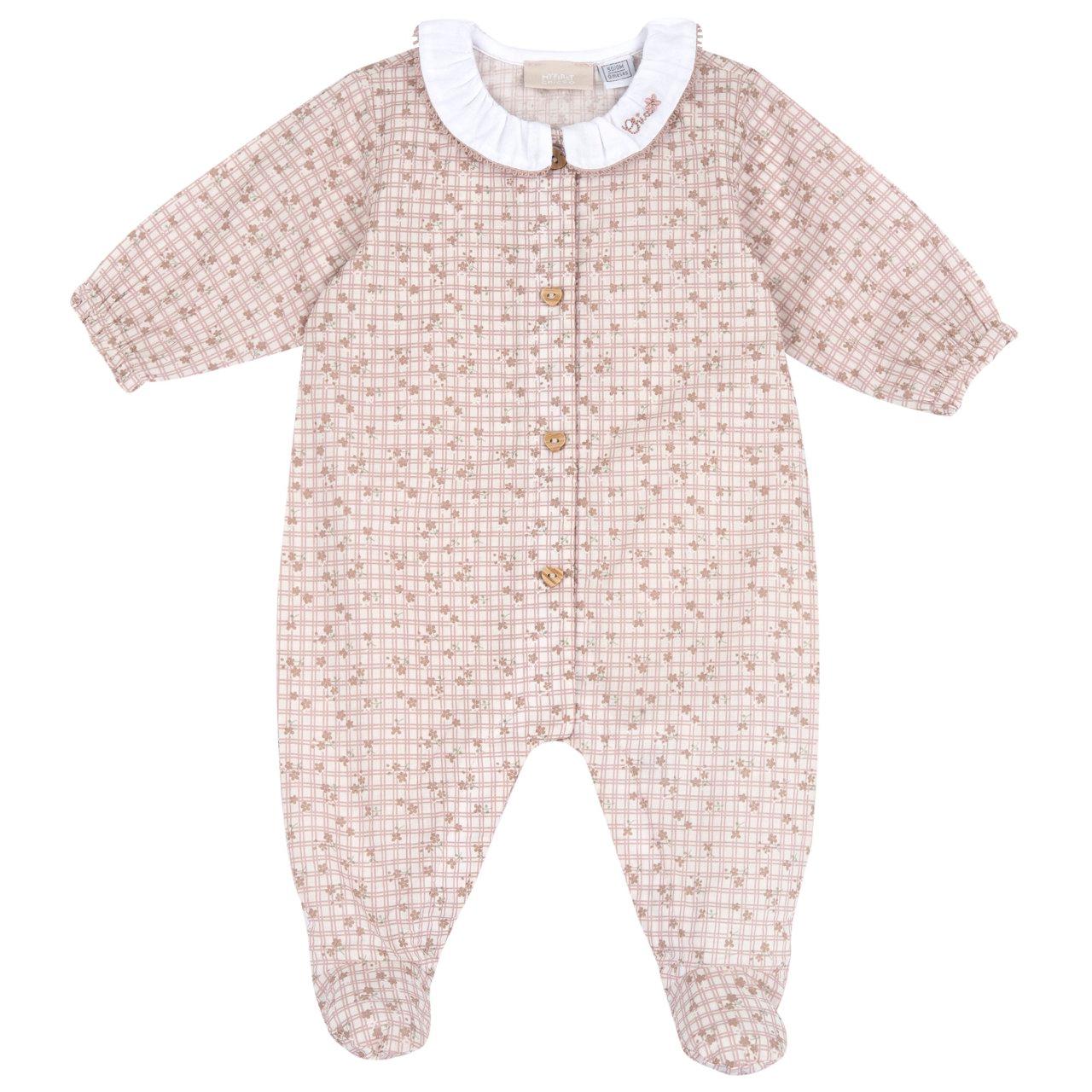 Tutina aperta davanti beige in mussola di cotone sostenibile per bambina, con stampa fantasia e bottoni a cuore firmata Chicco. | Chicco