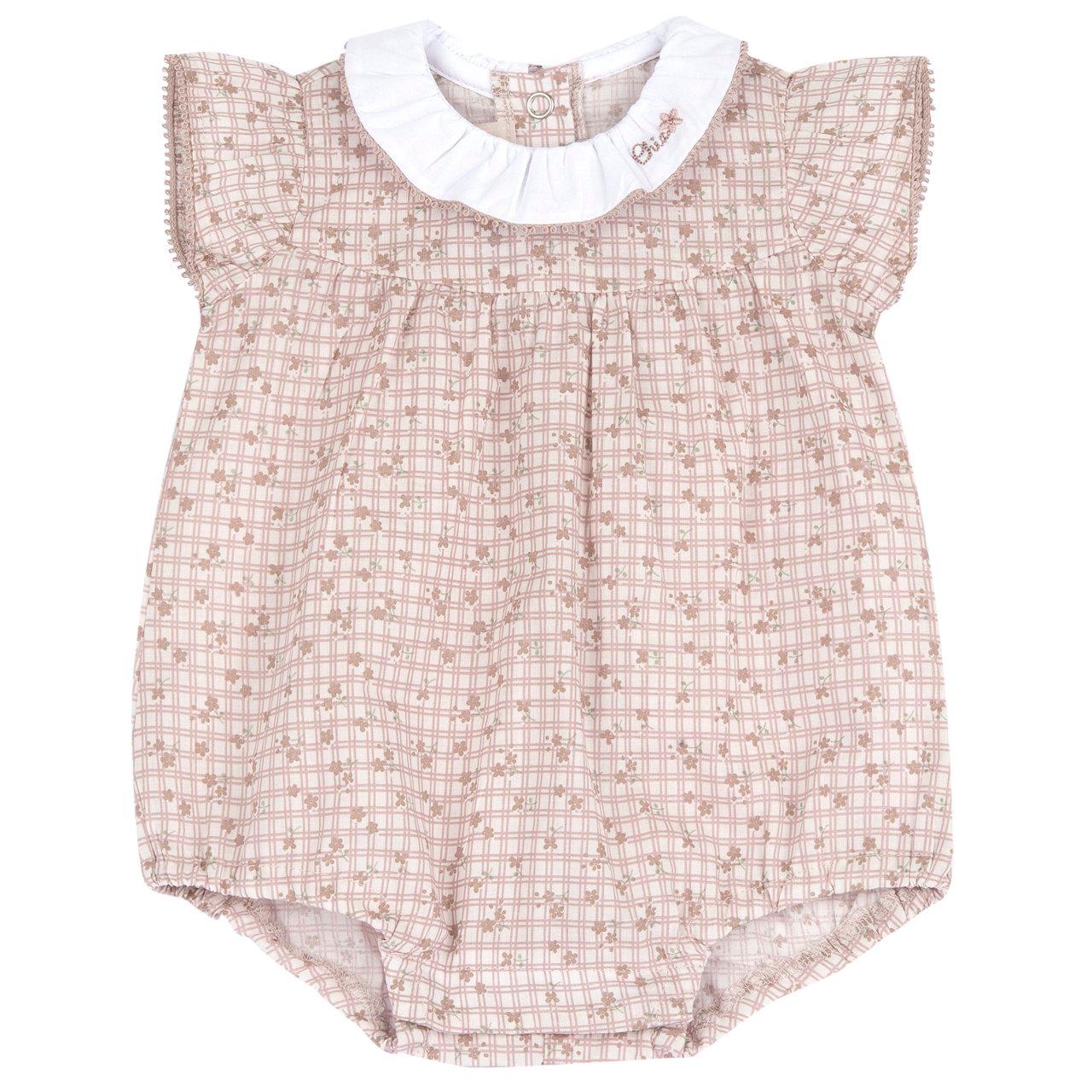Pagliaccetto corto beige in mussola di cotone per bambina Chicco con collo a corolla ricamato e stampa fantasia, ideale per la primavera/estate. | Chicco