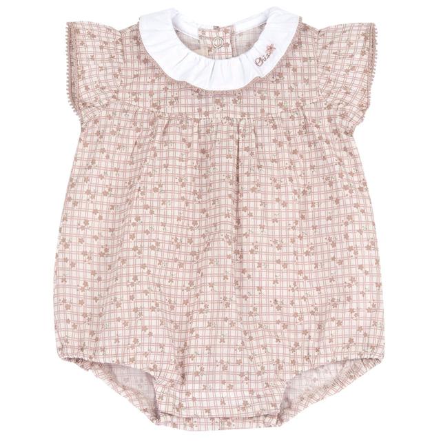 Pagliaccetto corto beige in mussola di cotone per bambina Chicco con collo a corolla ricamato e stampa fantasia, ideale per la primavera/estate. | Chicco