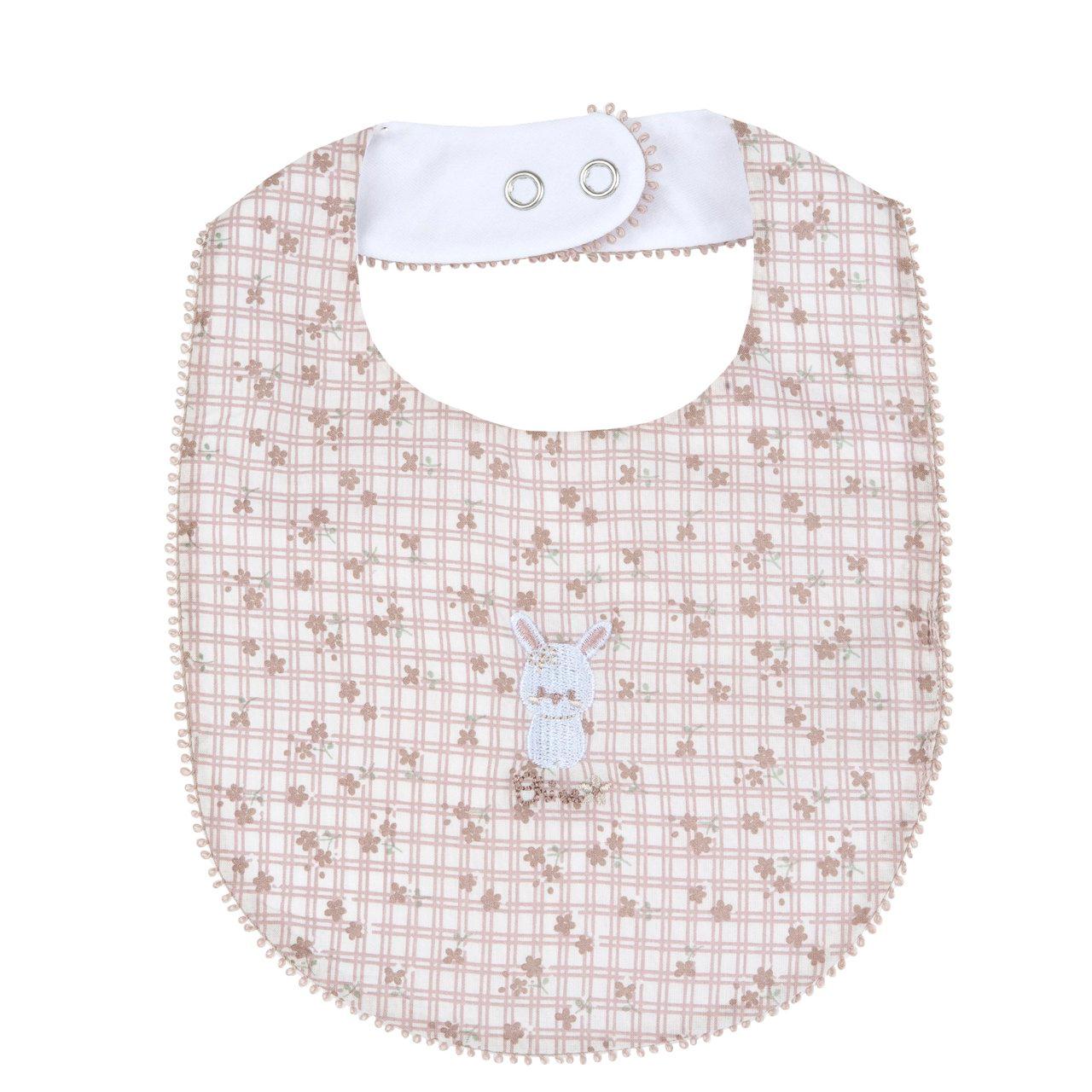 Bavaglino Chicco in mussola di cotone beige con stampa fantasia, fodera in jersey elasticizzato e apertura regolabile con bottoni automatici. | Chicco