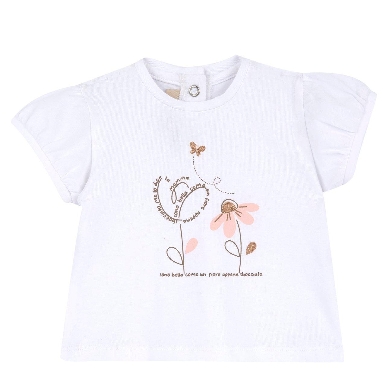 Maglietta a manica corta bianca per bambina Chicco con stampa floreale in jersey elasticizzato, 95% cotone sostenibile. | Chicco