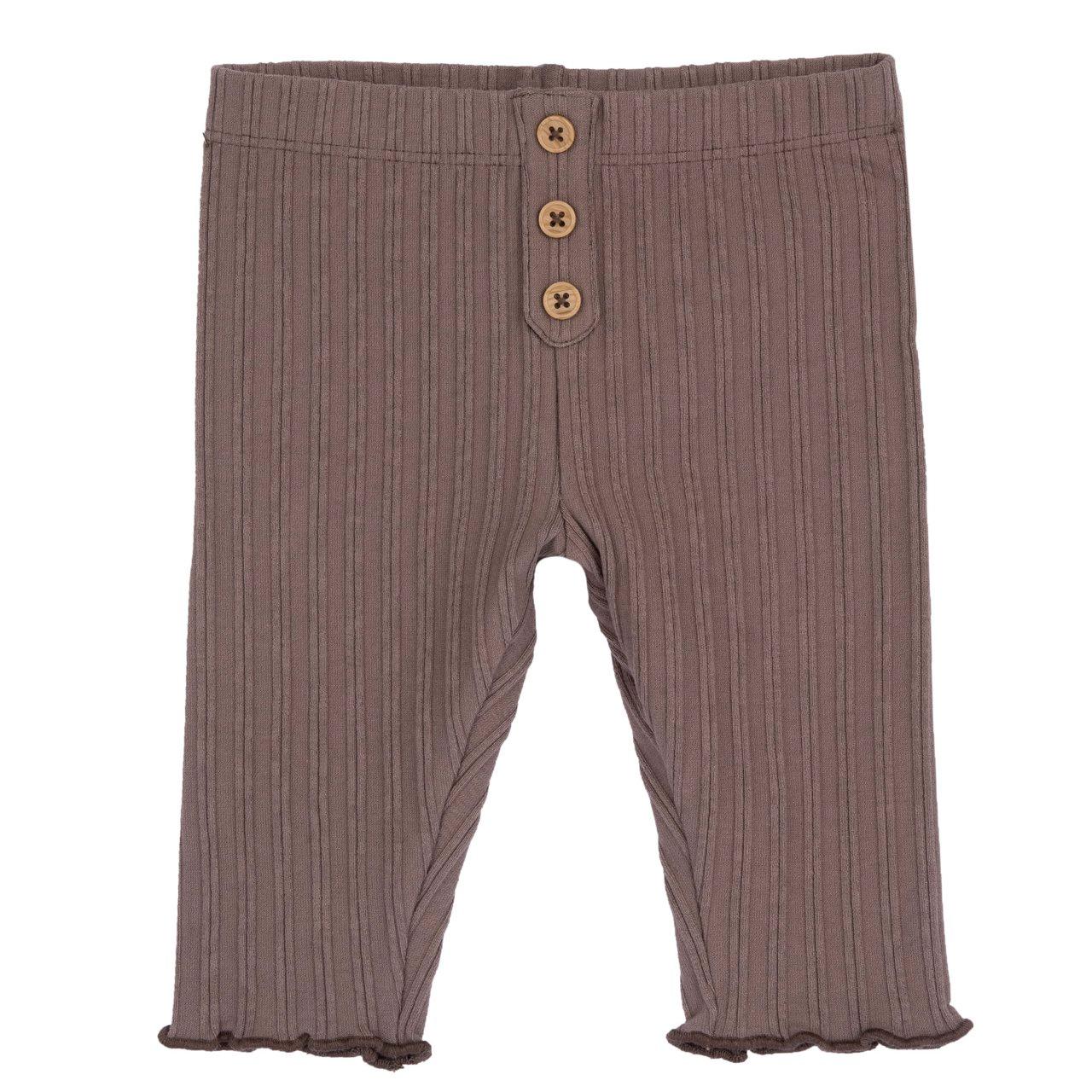 Leggings lunghi marroni a costina per bambina Chicco con bottoncini effetto legno e volant sul fondo gamba, in cotone sostenibile. | Chicco