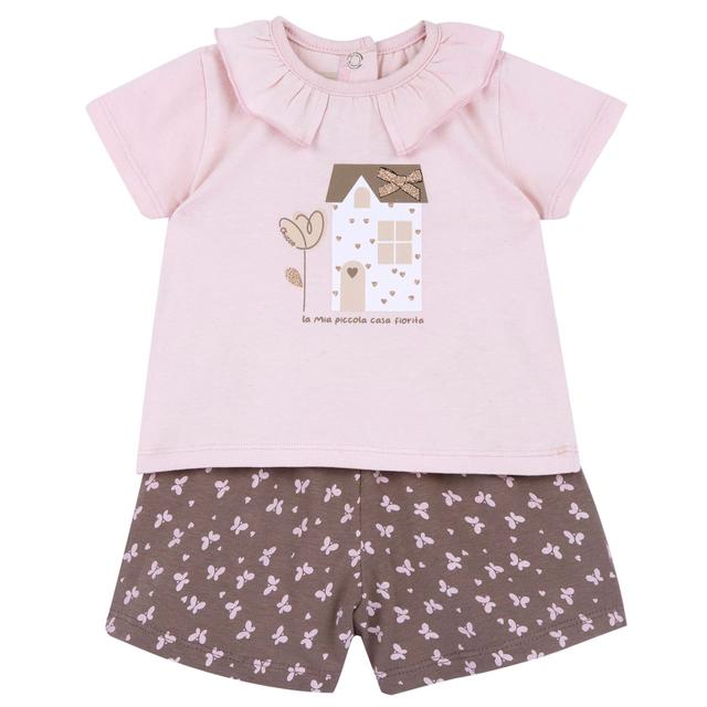 Completo estivo rosa per bambina Chicco con maglietta a manica corta con stampa casetta luminosa e pantaloni corti con fantasia di farfalle. | Chicco