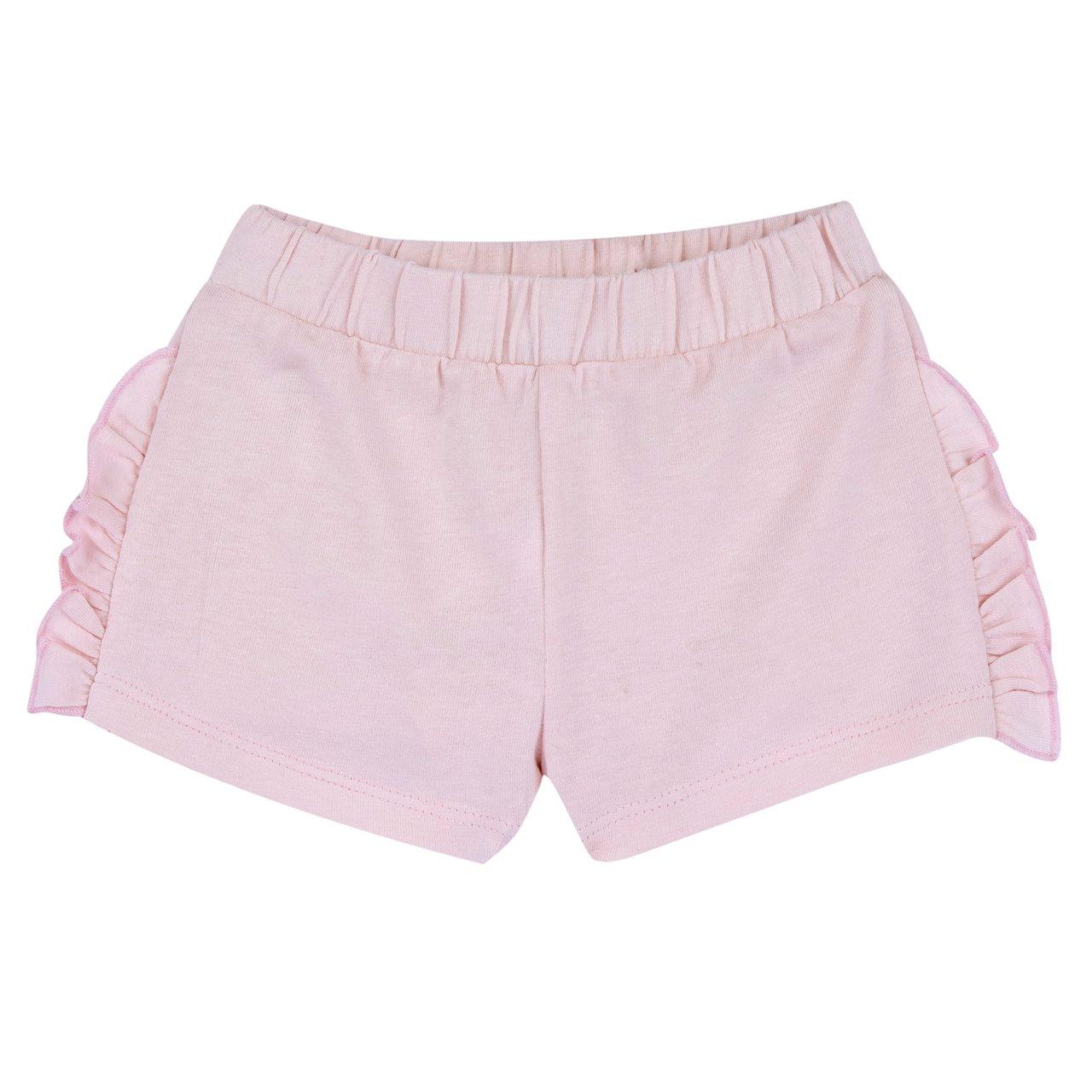 Pantaloni corti rosa in jersey elasticizzato per bambina Chicco con rouches sui fianchi e vita elasticizzata, realizzati in cotone sostenibile. | Chicco