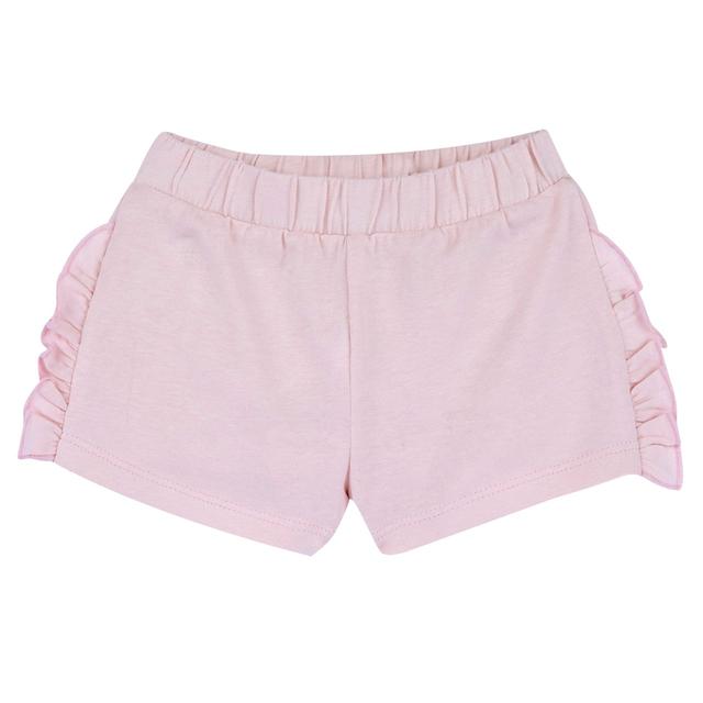Pantaloni corti rosa in jersey elasticizzato per bambina Chicco con rouches sui fianchi e vita elasticizzata, realizzati in cotone sostenibile. | Chicco