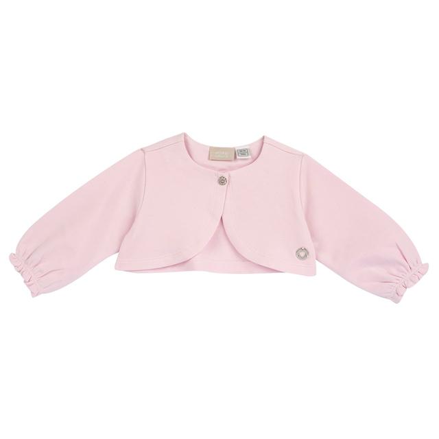 Cardigan rosa in felpa elasticizzata per bambina, effetto coprispalle corto con bottoncino gioiello e medaglietta cuore in metallo. | Chicco