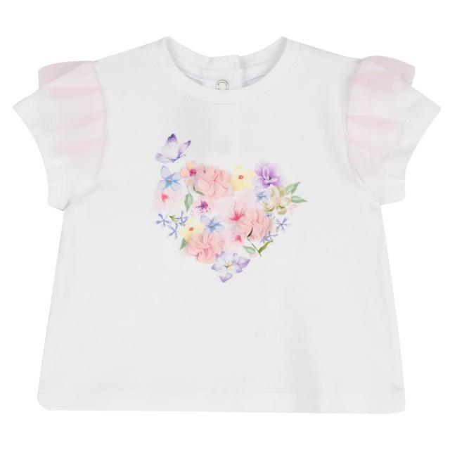 Maglietta a maniche corte bianca per bambina Chicco con stampa cuori e farfalle, balza in tulle sulle maniche e applicazioni floreali. | Chicco