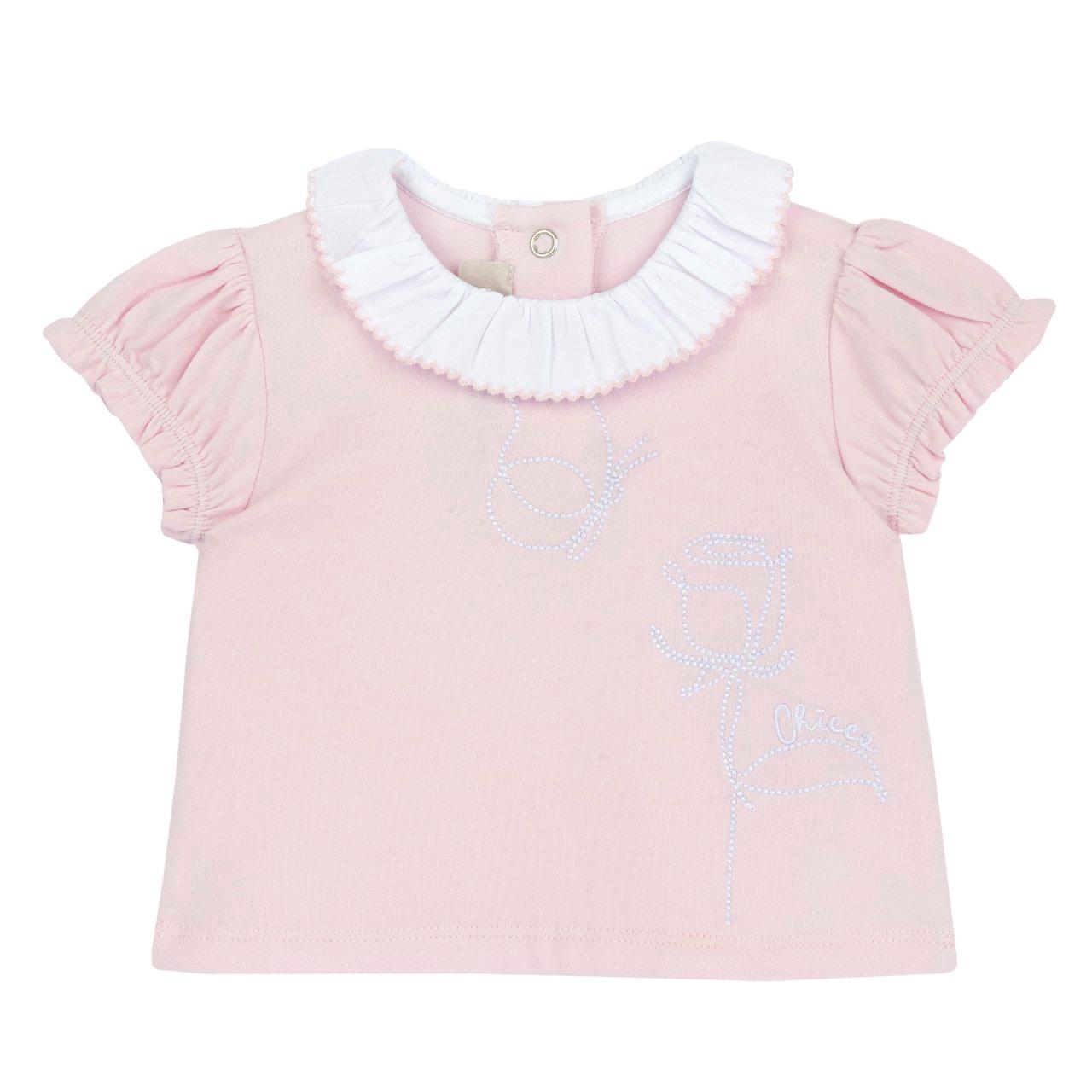 Maglietta a maniche corte Chicco rosa per bambina con ricamo a farfalla e puntinato, in morbido jersey elasticizzato con collo a corolla e maniche a palloncino. | Chicco