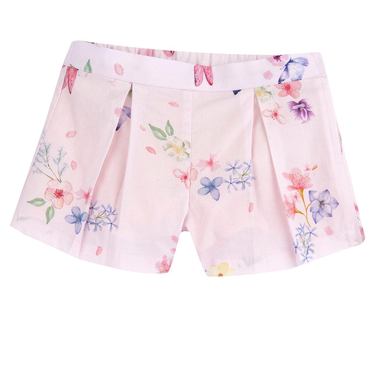 Pantaloni corti rosa in cotone stampato per bambina Chicco con fantasia di fiori e farfalle, vita elasticizzata e zip laterale. | Chicco