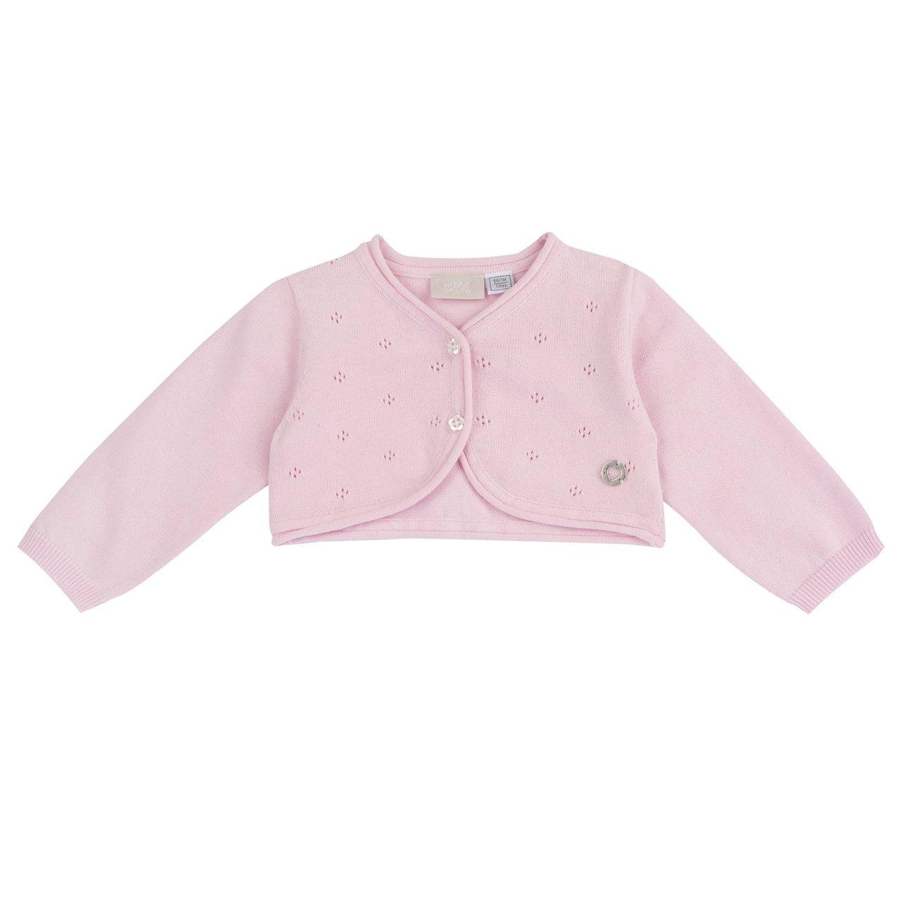 Cardigan in maglia Chicco rosa per bambina, in morbido cotone 100%, con lavorazione tricot traforata e bottoncini fiore effetto madreperla. | Chicco
