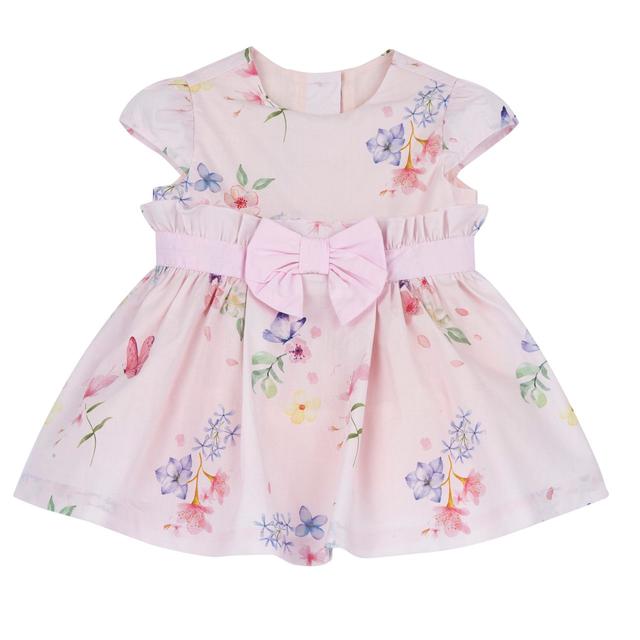 Vestito girocollo rosa Chicco per bambina con maniche ad aletta, stampa fiori e farfalle, fiocco frontale e bottoncini sul retro. | Chicco