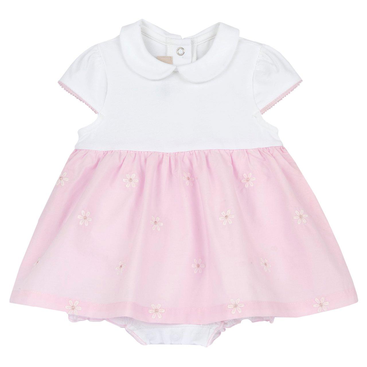 Pagliaccetto Chicco bianco in cotone sostenibile per bambina, con maniche ad aletta, collo baby e ricamo di margherite. | Chicco