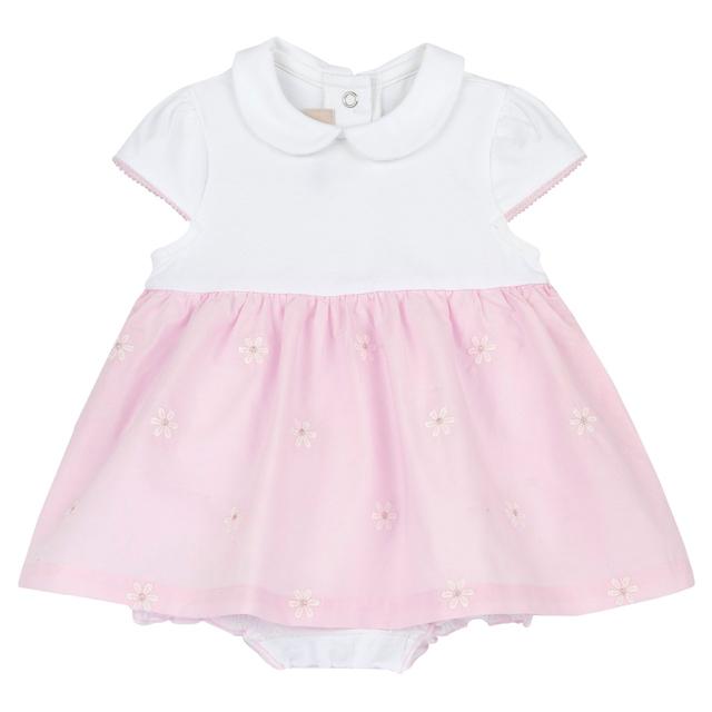 Pagliaccetto Chicco bianco in cotone sostenibile per bambina, con maniche ad aletta, collo baby e ricamo di margherite. | Chicco