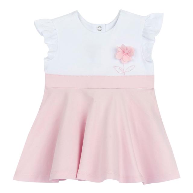 Vestito bianco girocollo a manica corta per bambina Chicco con maniche ad aletta e ricamo floreale in organza, realizzato in morbido jersey elasticizzato sostenibile. | Chicco