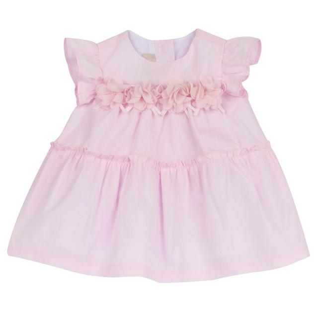 Vestito rosa girocollo Chicco per bambina con maniche ad aletta, fiori in organza e fiocchi in gros grain, realizzato in cotone sostenibile. | Chicco