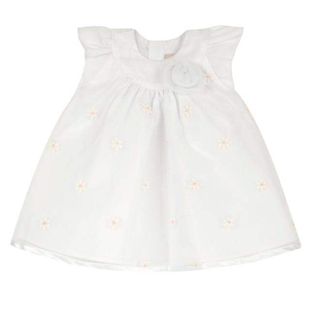 Vestito bianco Chicco girocollo per bambina con maniche ad aletta in organza ricamata e fodera in cotone, ideale per primavera/estate. | Chicco