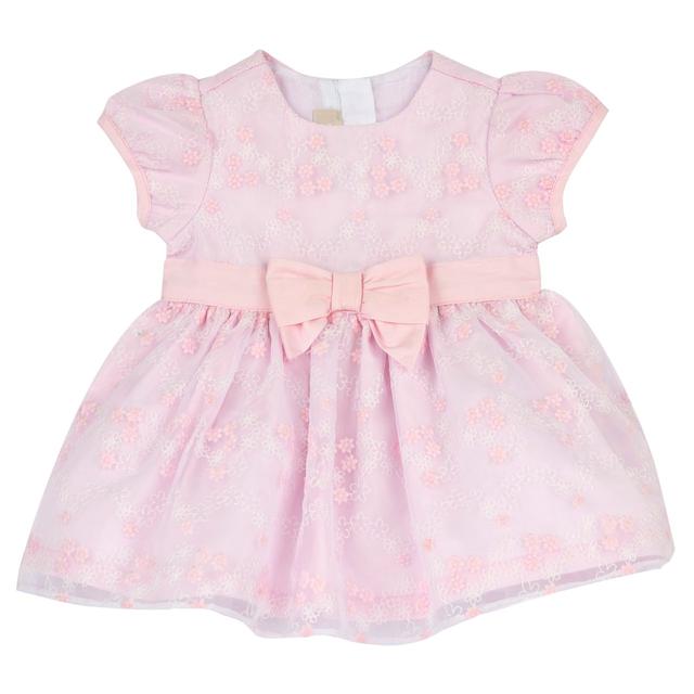 Vestito girocollo Chicco rosa per bambina con maniche a palloncino in organza ricamata e fiocco frontale, ideale per primavera/estate. | Chicco