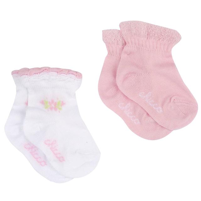 Set due paia calzini Chicco bambina rosa in misto cotone mercerizzato con disegno jacquard traforato effetto pizzo e motivi floreali. | Chicco