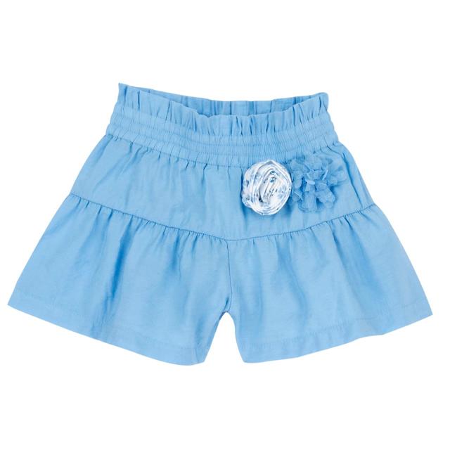 Pantaloni corti azzurri Chicco per bambina in misto cupro lucido, con vita elasticizzata e applicazione di fiori fantasia e organza. | Chicco