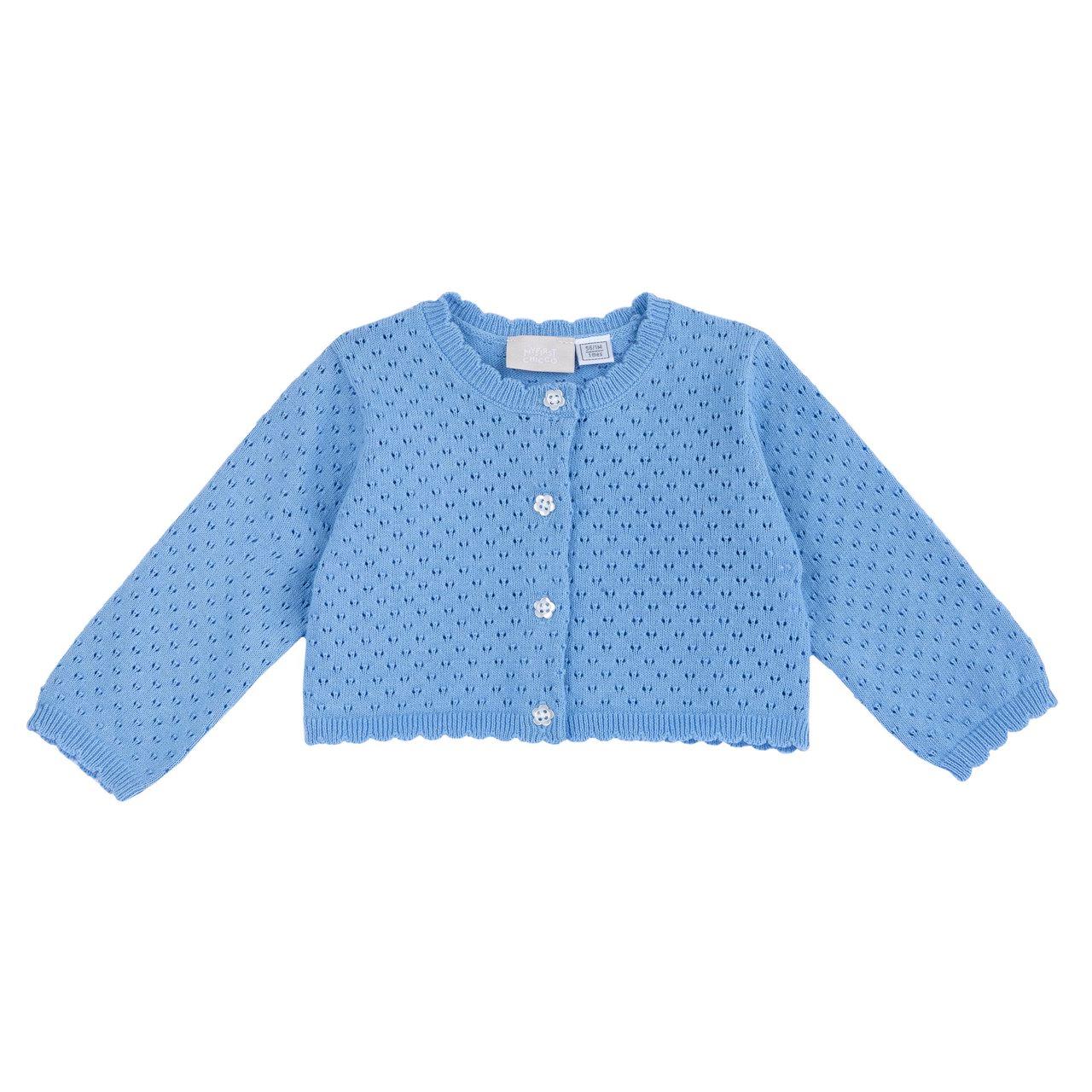 Cardigan girocollo azzurro in tricot di cotone per bambina Chicco con traforatura e bottoncini a fiore effetto madreperla. | Chicco