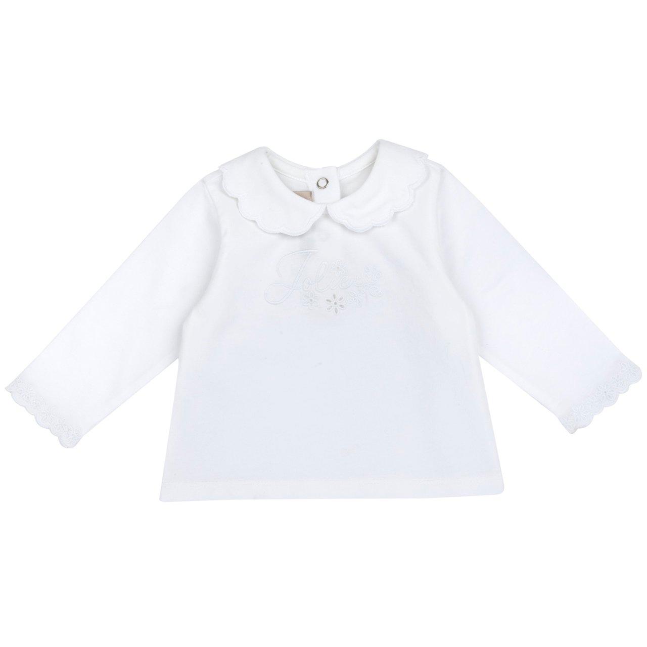 Maglietta a maniche lunghe bianca per bambina con collo smerlato e ricami floreali tono su tono, in jersey elasticizzato di cotone sostenibile. | Chicco