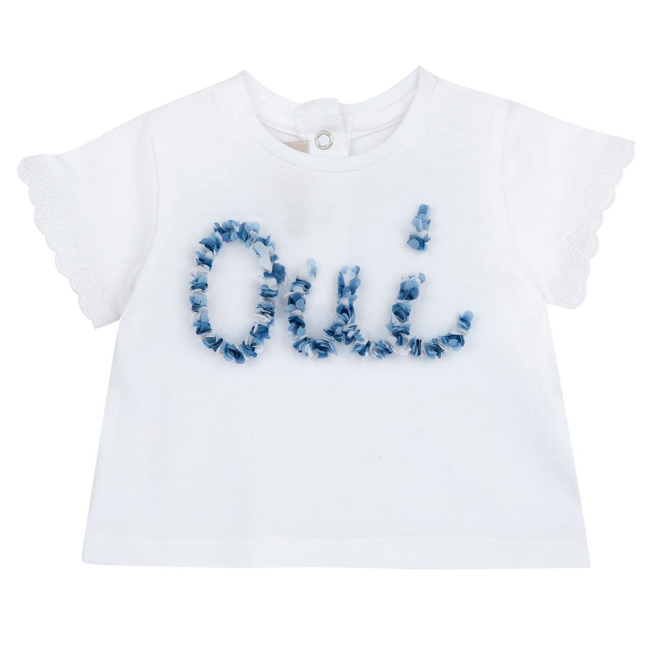 Maglietta manica corta azzurra Chicco per bambina in morbido jersey elasticizzato con dettagli ricamati e nastro effetto petali, cotone sostenibile. | Chicco