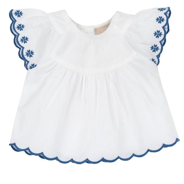 Camicia azzurra Chicco per bambina in cotone sostenibile con maniche ad aletta smerlate e ricamo floreale sul fondo, chiusura posteriore con bottoncini a fiore. | Chicco