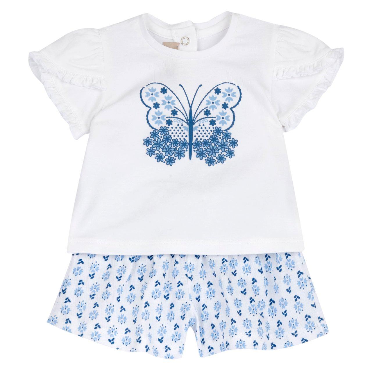 Completo Chicco azzurro per bambina con maglietta a manica corta con rouches e stampa farfalla in rilievo e pantaloni corti con fantasia floreale in cotone sostenibile. | Chicco