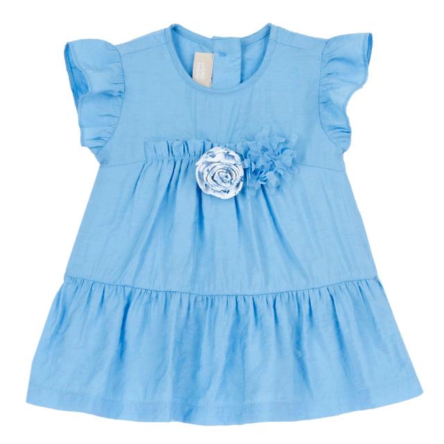 Vestito girocollo azzurro Chicco per bambina con maniche ad aletta, tessuto lucido misto cupro, applicazioni floreali e bottoncini madreperla a fiore. | Chicco