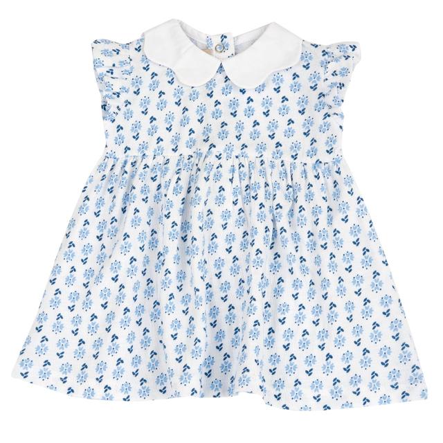 Vestito azzurro a maniche corte per bambina Chicco con collo smerlato e stampa floreale goffrata in cotone sostenibile Oeko-Tex. | Chicco