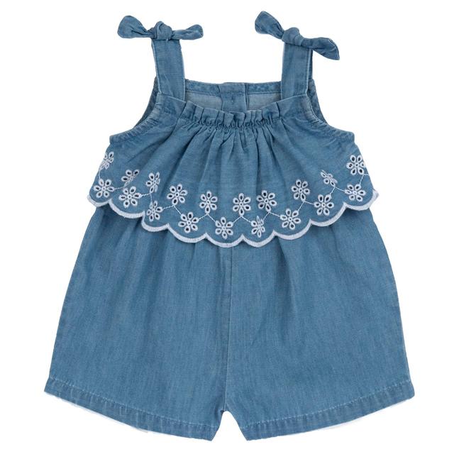 Pagliaccetto senza maniche azzurro per bambina Chicco con collo squadrato, bretelline in denim e ricami floreali traforati. | Chicco