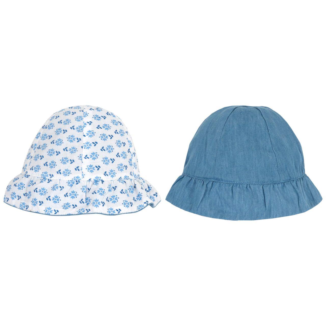 Cappello reversibile Chicco azzurro in denim e cotone stampato con fantasia floreale, ideale per bambine primavera/estate. | Chicco